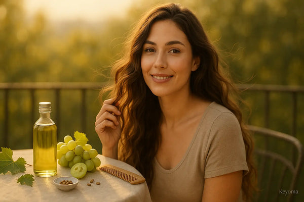 A smiling woman with wavy hair sits at a sunlit table with a bottle of grapeseed oil, green grapes, seeds, and a wooden comb, illustrating Keyoma’s gentle, natural approach to hair care.