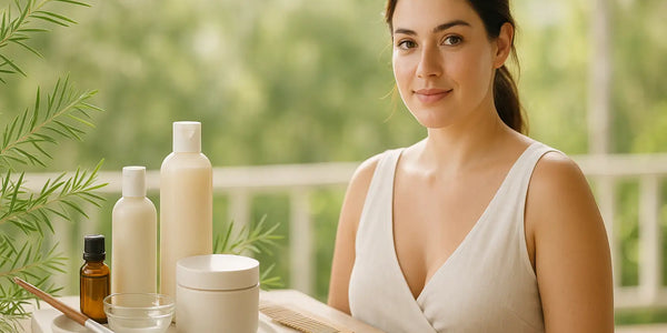 A woman in a light dress sits by a balcony table with tea-tree-inspired hair-care bottles, a small glass bowl, and a wooden comb arranged among green sprigs in soft daylight for Keyoma.
