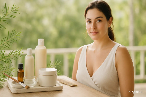 A woman in a light dress sits by a balcony table with tea-tree-inspired hair-care bottles, a small glass bowl, and a wooden comb arranged among green sprigs in soft daylight for Keyoma.