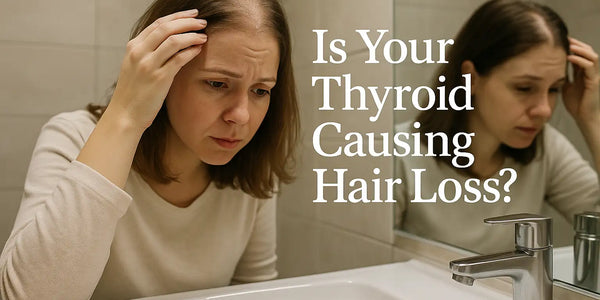 A concerned woman looks in the mirror at hair loss, highlighting how thyroid issues can lead to shedding—an issue Keyoma helps address through natural support.