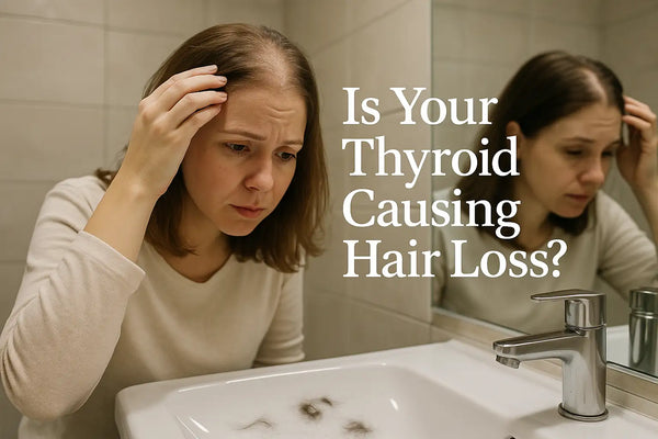 A concerned woman looks in the mirror at hair loss, highlighting how thyroid issues can lead to shedding—an issue Keyoma helps address through natural support.