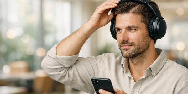 Keyoma photo shows man adjusting over-ear headphones, checking phone, to minimize scalp pressure.