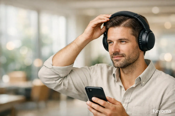 Keyoma photo shows man adjusting over-ear headphones, checking phone, to minimize scalp pressure.