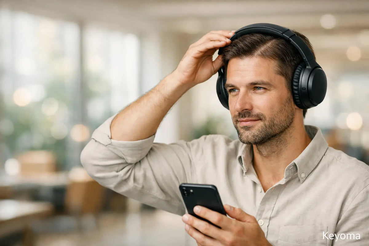 Keyoma photo shows man adjusting over-ear headphones, checking phone, to minimize scalp pressure.