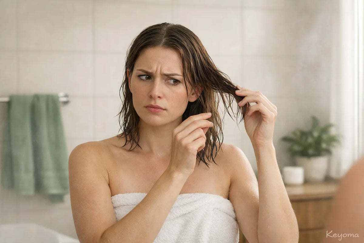 Woman examining wet hair strands in shower, illustrating damage concerns and Keyoma care for fragile hair.