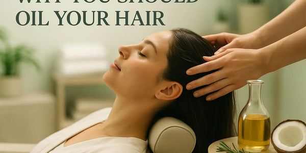 A Keyoma infographic illustrating the benefits of oiling hair, including hydrating the scalp, preventing breakage, taming frizz, improving scalp health, and boosting growth.