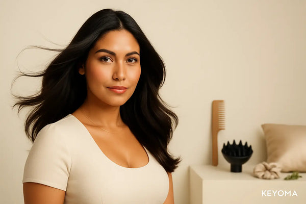 Windswept brunette smiles in soft studio light with comb and scalp massager, Keyoma hair care portrait.