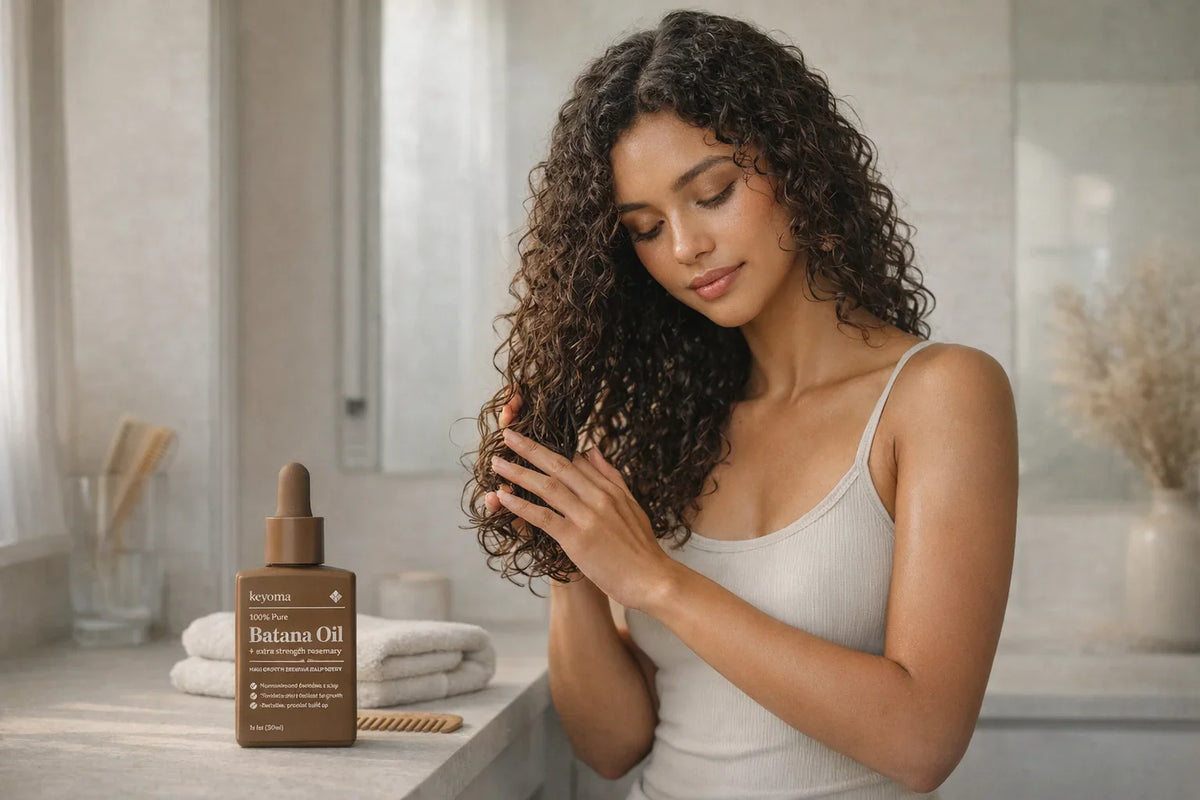 Woman applying oil to curly hair at bathroom vanity beside Keyoma Batana Oil and comb.