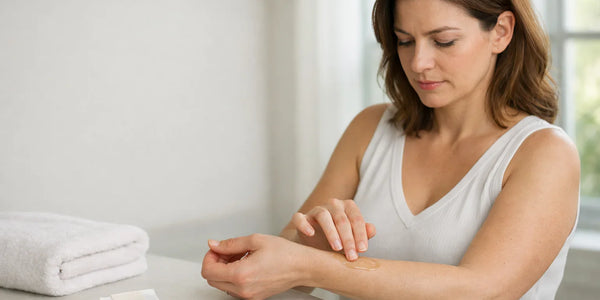 Woman applying oil to her forearm at bathroom vanity beside folded towels with Keyoma watermark.