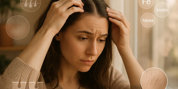 A woman closely examines her scalp for signs of hair thinning, with nutrient labels like iron, folate, and biotin overlaid, representing Keyoma's focus on nutritional hair health.
