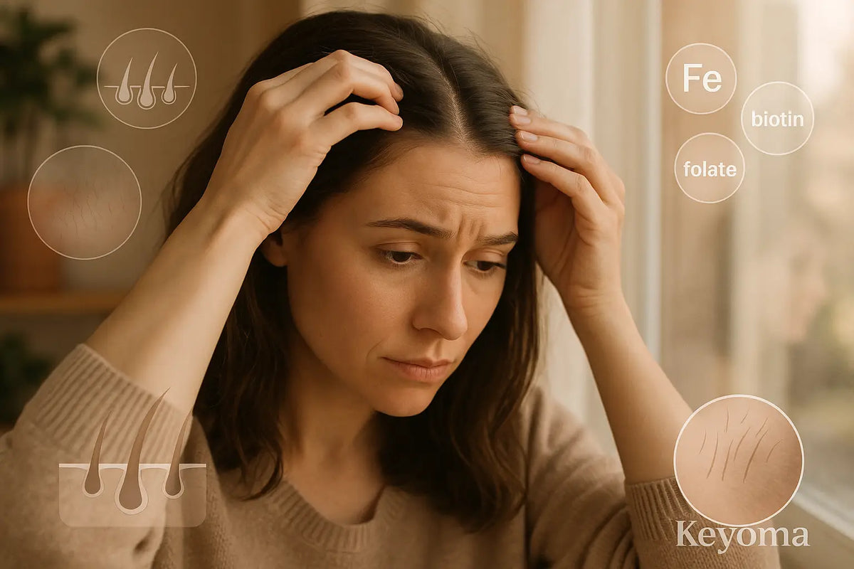 A woman closely examines her scalp for signs of hair thinning, with nutrient labels like iron, folate, and biotin overlaid, representing Keyoma's focus on nutritional hair health.