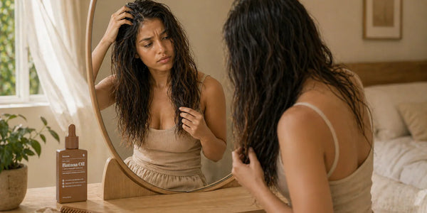 Woman checking greasy scalp and wet hair in mirror beside Keyoma batana oil and wooden comb.