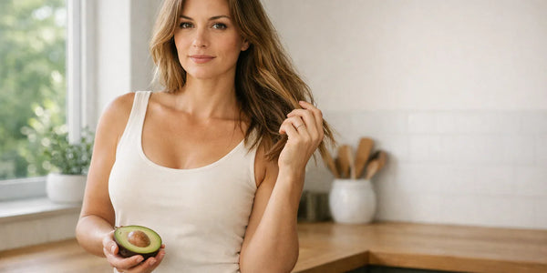 Woman holding avocado while touching hair in bright kitchen near window light, suggesting natural hair care.
