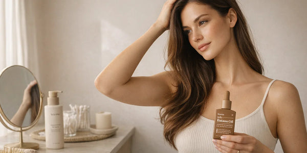 Woman holding Keyoma batana oil bottle in bathroom mirror setting while touching hair and smiling.