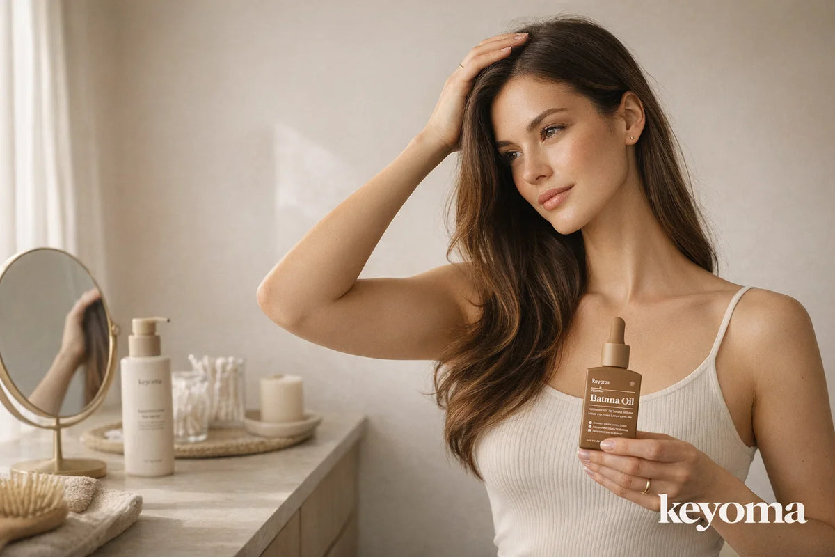 Woman holding Keyoma batana oil bottle in bathroom mirror setting while touching hair and smiling.