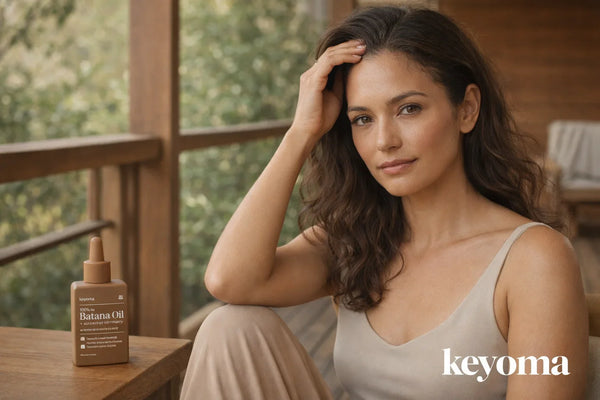 Woman touching her hair with Keyoma batana oil bottle on table in natural balcony light.