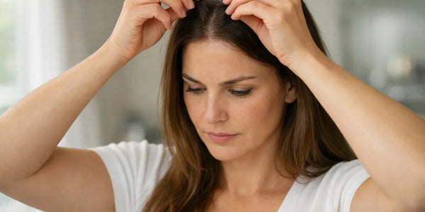 Closeup of woman parting her hair in bathroom with Keyoma watermark visible.