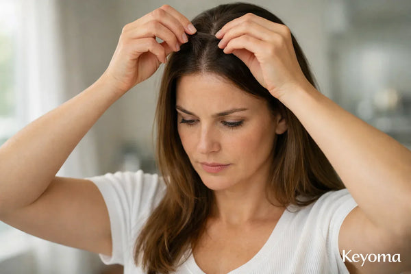 Closeup of woman parting her hair in bathroom with Keyoma watermark visible.