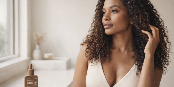 Woman touching curly hair beside a bathroom vanity with a Keyoma batana oil bottle.