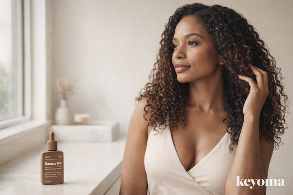 Woman touching curly hair beside a bathroom vanity with a Keyoma batana oil bottle.