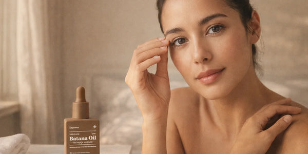 Woman touching eyelashes beside batana oil bottle in bathroom setting with soft natural lighting.