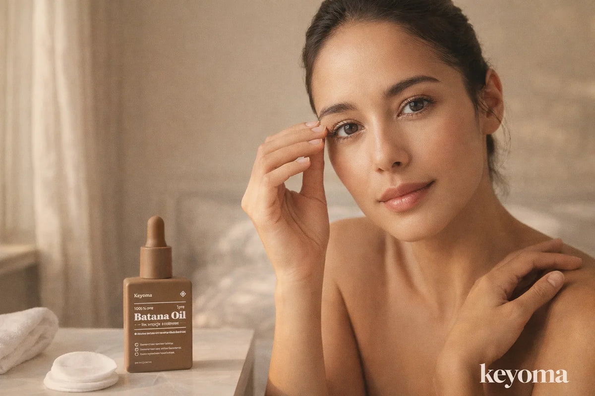 Woman touching eyelashes beside batana oil bottle in bathroom setting with soft natural lighting.