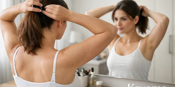 Women tying ponytail in the mirror