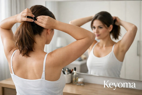 Women tying ponytail in the mirror