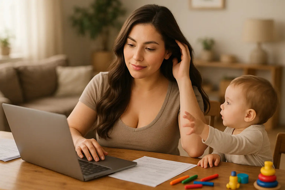 Working mom with soft waves at a home desk, child beside, showcasing Keyoma effortless, time-saving haircare.