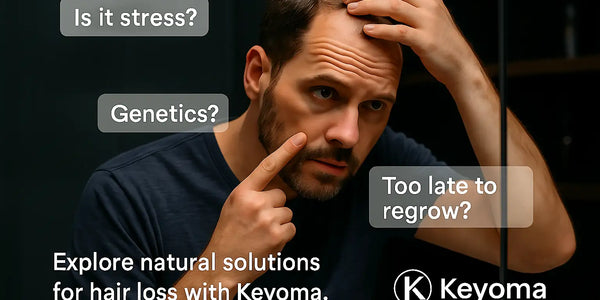 A concerned man examines his receding hairline in the mirror, questioning if stress or genetics are to blame, while Keyoma encourages him to explore natural hair loss solutions.