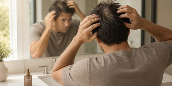 Man using both hands to inspect the hair at his crown in a bathroom mirror, with a Keyoma Batana Oil bottle nearby