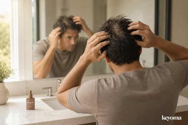 Man using both hands to inspect the hair at his crown in a bathroom mirror, with a Keyoma Batana Oil bottle nearby