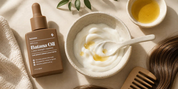 Keyoma Batana Oil beside conditioner mixed with hair oil, a comb, and smooth brown hair.