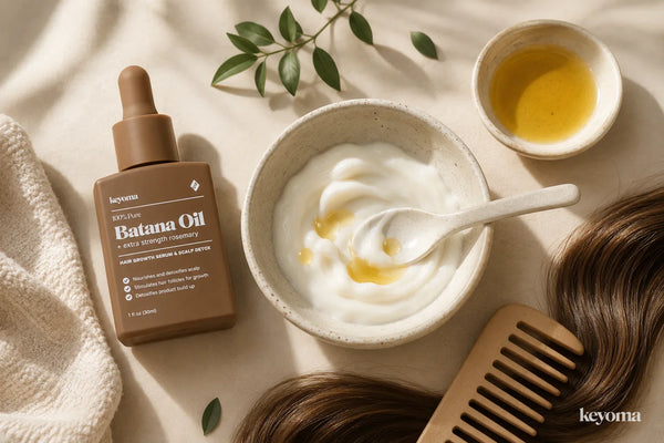 Keyoma Batana Oil beside conditioner mixed with hair oil, a comb, and smooth brown hair.