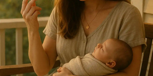 A mother sits on a porch at golden hour, holding her baby while gently examining strands of hair in her hand. The image reflects a tender yet concerned moment during postpartum recovery, a topic often supported by Keyoma's insights on hair health.