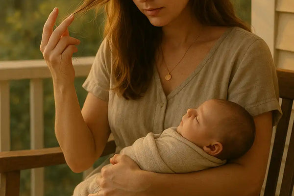 A mother sits on a porch at golden hour, holding her baby while gently examining strands of hair in her hand. The image reflects a tender yet concerned moment during postpartum recovery, a topic often supported by Keyoma's insights on hair health.