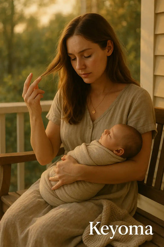 A mother sits on a porch at golden hour, holding her baby while gently examining strands of hair in her hand. The image reflects a tender yet concerned moment during postpartum recovery, a topic often supported by Keyoma's insights on hair health.