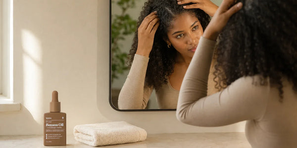 Woman examining scalp flaking in a mirror after oiling her hair.