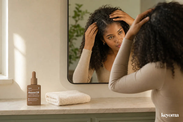 Woman examining scalp flaking in a mirror after oiling her hair.