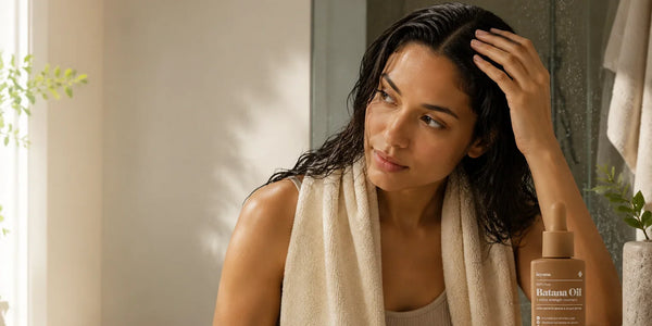 Woman touching her wet scalp after shampooing with Keyoma Batana Oil beside her.