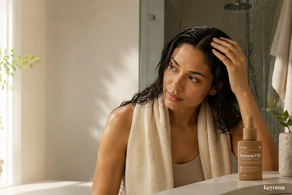 Woman touching her wet scalp after shampooing with Keyoma Batana Oil beside her.