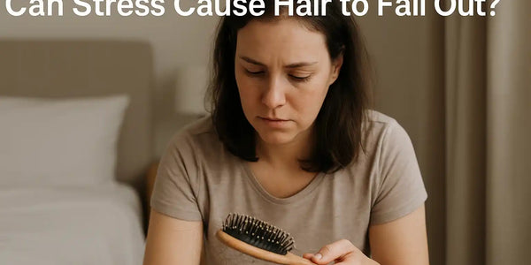 Realistic photo of woman looking at hairbrush with loose strands, featured banner for Keyoma stress-related hair loss article