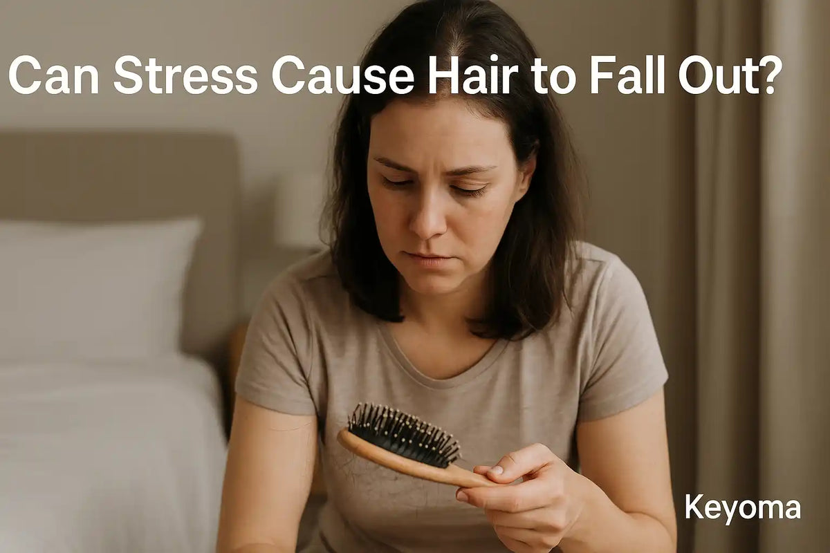 Realistic photo of woman looking at hairbrush with loose strands, featured banner for Keyoma stress-related hair loss article