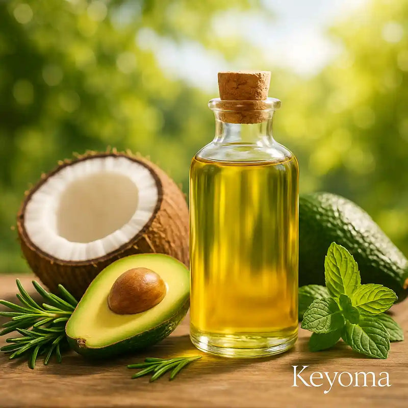 Keyoma summer hair growth oils banner, showing natural oils and healthy hair