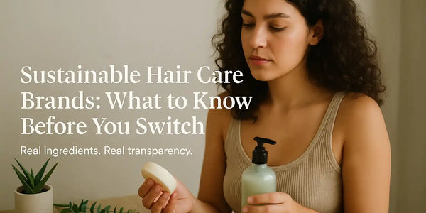 Keyoma sustainable hair care banner with woman holding clean beauty products