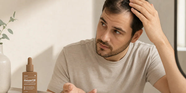 Man checking a tender, thinning scalp while holding shed hair beside Keyoma Batana Oil.