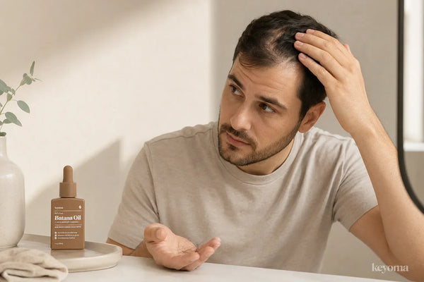 Man checking a tender, thinning scalp while holding shed hair beside Keyoma Batana Oil.