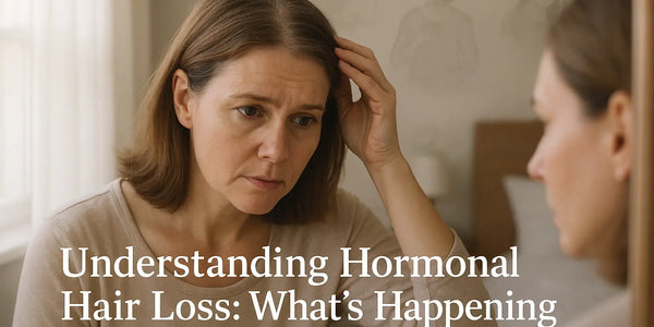 A woman examines her thinning hair in the mirror, highlighting the emotional impact of hormonal hair loss that Keyoma aims to support.