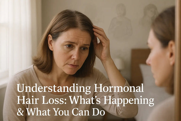 A woman examines her thinning hair in the mirror, highlighting the emotional impact of hormonal hair loss that Keyoma aims to support.