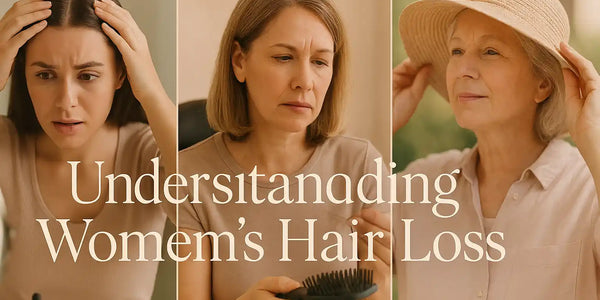 A Keyoma banner visual capturing women of different ages experiencing hair loss, representing various life stages and emotional responses.